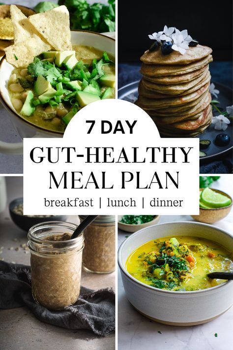 Start a fresh week with this simple-to-follow 7-day gluten and dairy-free gut-healthy meal plan. You can easily mix and match the recipes as you would like. #guthealthymealplan #glutenanddairyfreemealplan #glutenfreemealplan #healthymealplan Meal Plan To Heal Your Gut, Gut Meal Plan, 7 Day Cleanse Meal Plan, Gut Healing Diet Plan, Gut Food Healthy, Paleo Gut Healing Recipes, Gut Friendly Crockpot Recipes, Grocery List For Gut Health, Gut Healing Grocery List