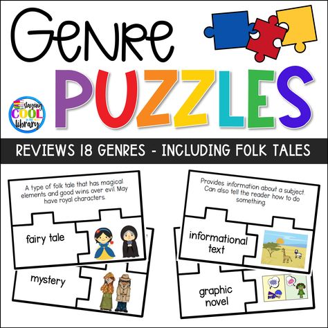 Genre Puzzles – Literary Genres Practice - Trickster Tales, Literary Genres, Traditional Literature, Activities For The Classroom, Literary Genre, Realistic Fiction, Guided Reading Groups, Center Activities, Library Displays