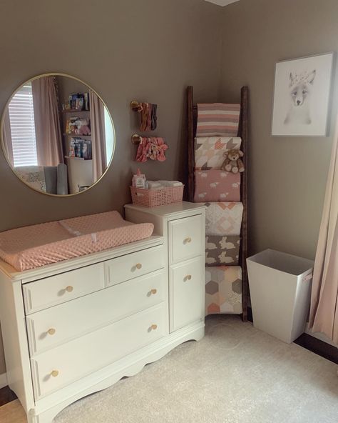 Nursery blanket ladder and changing table Displaying Blankets In Nursery, Blanket Ladder In Nursery, Blanket Ladder For Nursery, Changing Table In Front Of Window, Dresser Diaper Changing Table, Nursery Blanket Ladder, Nursery Blanket Storage, Baby Girl Changing Table, Nursery Changing Table Decor