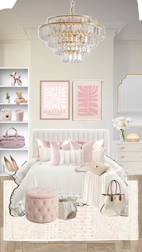 Bedroom Inspirations Pink And Gold, Pink Small Room Ideas, Pale Pink Room Aesthetic, Light Pink And Gold Bedroom, Vannila Girl Room Ideas, Pink Bed Aesthetics, White Gold And Pink Bedroom, Blush Pink And White Bedroom, Rich Girl Room Aesthetic