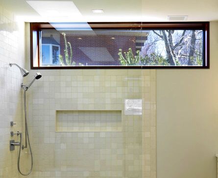 Window insert shower bathroom Shower Window Ledge, Bathroom With Window Above Toilet, Transom Windows Bathroom, Long Narrow Bathroom, Windows Bathroom, Shower Window, Window Bathroom, Small Bathroom With Shower, Window In Shower