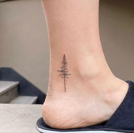 Minimalist Evergreen Tree Tattoo, Small Redwood Tree Tattoo Simple, Tree On Ankle Tattoo, Pine Tree Tattoo Forearm Women, Fineline Pine Tree Tattoo, Fine Line Redwood Tree Tattoo, Ankle Tree Tattoos For Women, Tiny Tree Tattoos For Women, Redwood Tree Tattoo Simple