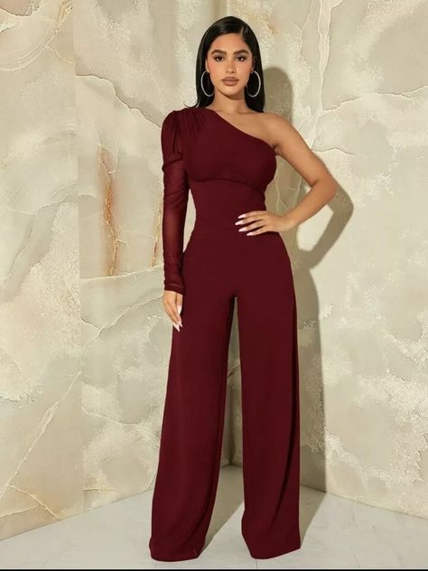 Burgundy SXY One Shoulder Contrast Mesh Puff Sleeve Jumpsuit Sz XS S M L | eBay Jumpsuit With Sleeves, Puff Sleeve, One Shoulder, Types Of Sleeves, Jumpsuit, Sleeve Length, Fashion Outfits, Long Sleeve