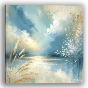 The 'Tranquil Dawn Lakeview Canvas Art Print' encapsulates the serene beauty of an early morning by the lake, where the gentle glow of the rising sun meets the cool embrace of the water. This stunning canvas print features a palette of soft blues and warm yellows, creating a peaceful harmony that invites quiet reflection. Printed on a high-quality wrapped canvas, the artwork offers a window to a moment of natural splendor, perfect for bringing a calming influence to any room. The dynamic play of Tranquil Dawn, Open Sky, The Rising Sun, Blue Painting, By The Lake, Rising Sun, Immersive Experience, Abstract Canvas Art, House Of Hampton