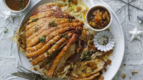 Roast crackling pork with mustard gravy and summer fruit chutney Christmas Pork Roast, Pork Belly Roast, Christmas Pork, Fruit Chutney, Pork Crackling, Pork Leg, Sweet Pork, Boneless Pork Shoulder, Pork Belly Recipes