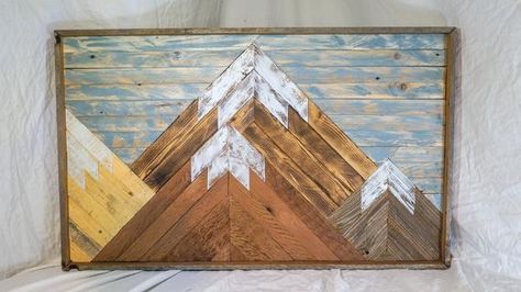 Wood Mountain Wall Art, Barnwood Wall Art, Mountain Crafts, Mountain Wood Art, Painted Front Porches, Barnwood Wall, Wood Slice Art, Oil Paint On Wood, Wooden Pallet Projects