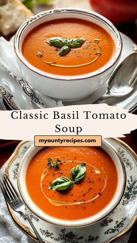 This Roasted Tomato Basil Soup is a comforting addition to your Friendsgiving dinner recipe collection. Made with roasted tomatoes, fresh basil, and creamy broth, it’s bursting with flavor. Perfect for winter meals dinners, this soup is both hearty and light, offering a cozy option for festive gatherings or family dinners alike. Winter Meals Dinners, Soup Side Dishes, Creamy Tomato Soup Recipe, Basil Soup Recipe, Fresh Tomato Soup, Tomato Basil Soup Recipe, Roasted Tomato Basil Soup, Creamy Tomato Basil Soup, Crockpot Soup