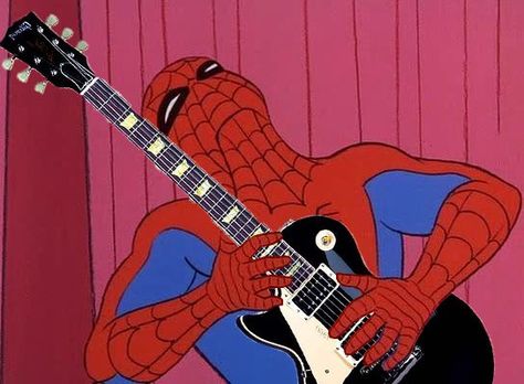 ROCK OUT!! Spiderman With Guitar, Spider Man Guitar, Spiderman Electric Guitar, Spiderman Music Icon, Spider Man Playlist Cover, Spiderman Playlist Covers, Cursed Spiderman, Jamming Out To Music Aesthetic, Spiderman Guitar