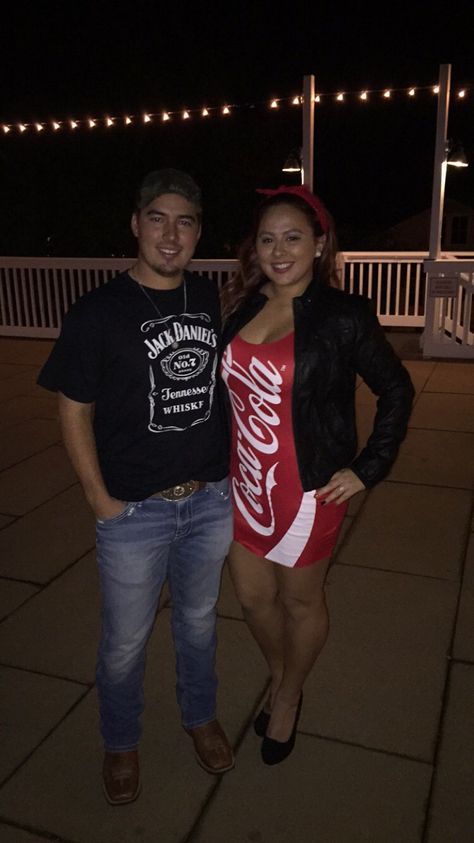 Jack And Coke Costume, Jack And Coke Costumes, Coke Halloween Costume, Coke Costume, Unique Couple Halloween Costumes, Jack And Coke, Cute Halloween Costumes, Jack Daniels, Couple Halloween