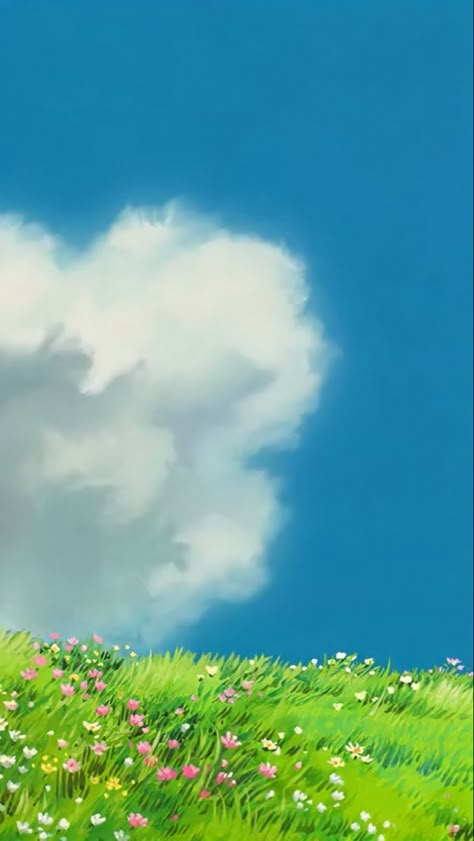 Ghibli Clouds Wallpaper, Ghibli Studio Background, Ghibli Landscape Wallpaper, Studio Ghibli Landscape Backgrounds, Studio Ghibli Art Aesthetic, Ghibli Scenery Landscapes, Iphone Wallpaper Studio Ghibli, Studio Ghibli Clouds, Studio Ghibli Painting Ideas