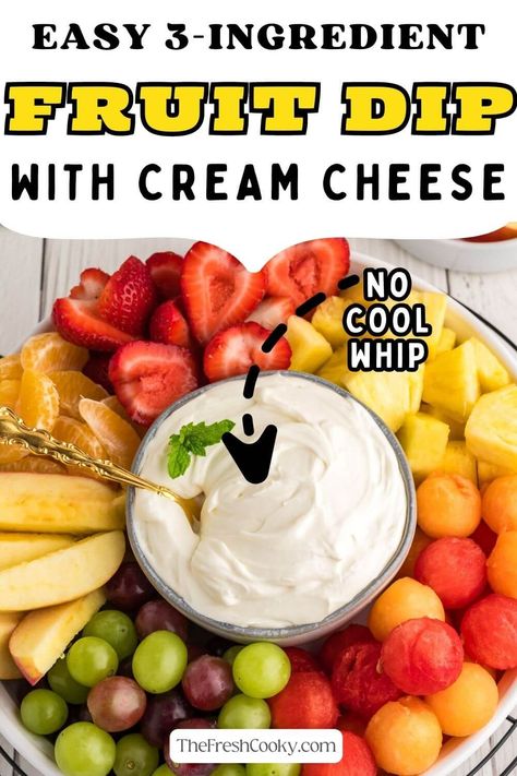 Easy 3-Ingredient Cream Cheese Fruit Dip Recipe • The Fresh Cooky Pomegranate Sangria Recipes, Fruit Dip With Cream Cheese, Cream Cheese Fruit Dip Recipe, Healthy Fruit Dip, Yogurt Fruit Dip, Fruit Dip Recipe, Easy Fruit Dip, Dip With Cream Cheese, Cream Cheese Fruit Dip