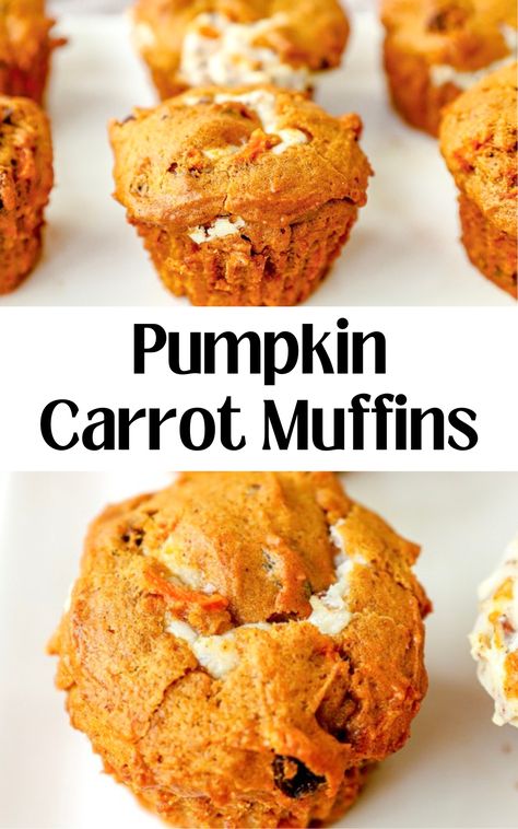 Pumpkin Carrot Muffins on a white plate Carrot Pumpkin Muffins, Carrot And Pumpkin Muffins, Carrot Pumpkin, Carrot Cake Pumpkin Muffins, Pumpkin Carrot Bread, Muffins From Carrot Cake Mix Recipes, Healthy Pumpkin Muffins With Cream Cheese, Carrot Muffins Healthy, Pumpkin Carrot Muffins Healthy