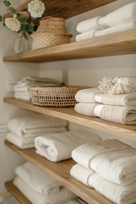 How To Store Linens Without A Closet: Space-Saving Solutions Linen Storage Ideas No Closet, No Linen Closet Solutions, Shelves With Baskets, Bedding Closet, Bathroom Towels Display, Bathroom Shelf Ideas, Wooden Bathroom Shelves, Bathroom Shelves For Towels, Bathroom Towel Storage