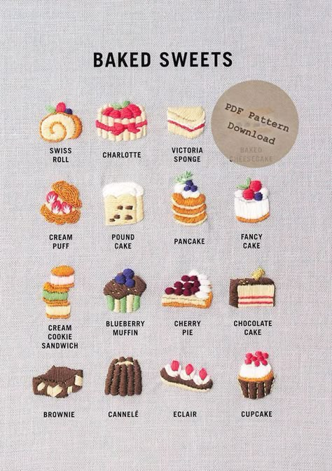 Cake Embroidery Pattern, Food Hand Embroidery, Kawaii Embroidery Patterns, Kawaii Embroidery Ideas, Pastry Embroidery, Bakery Embroidery, Dessert Embroidery, Sweets Embroidery, Bread Embroidery