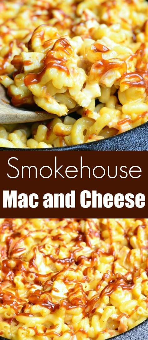 Smokehouse Mac and Cheese. Amazing, comforting macaroni and cheese dish. Macaroni loaded with chicken, smoked bacon and smoked cheese, baked and drizzled in bbq sauce. #pasta #macaroni #cheesy #bbq #macandcheese #bacon #chicken Smoked Buffalo Chicken Mac And Cheese, Smokey Mac And Cheese, Bbq Mac And Cheese Recipe, Mac And Cheese With Chicken, Pasta Macaroni, Cheese Homemade, Macaroni Cheese Recipes, Winter Meals, Bacon Mac And Cheese