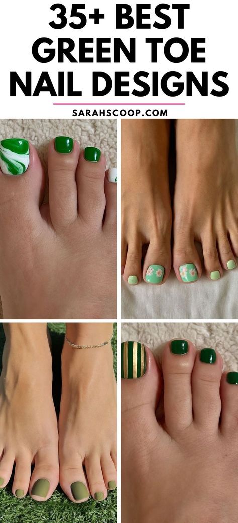 Get inspired to switch up your pedicure style with these stunning green toe nail designs!💚 #NailDesigns #ToeNails #GreenNailDesigns Fall Green Pedicure, Pedicure Ideas Green Toenails, Green Toenails With Design, Pink And Green Pedicure, Pedicure Green Toenails, Green Pedicure Designs, Green And Gold Toenails, Light Pedicure Colors, Olive Green Toe Nails