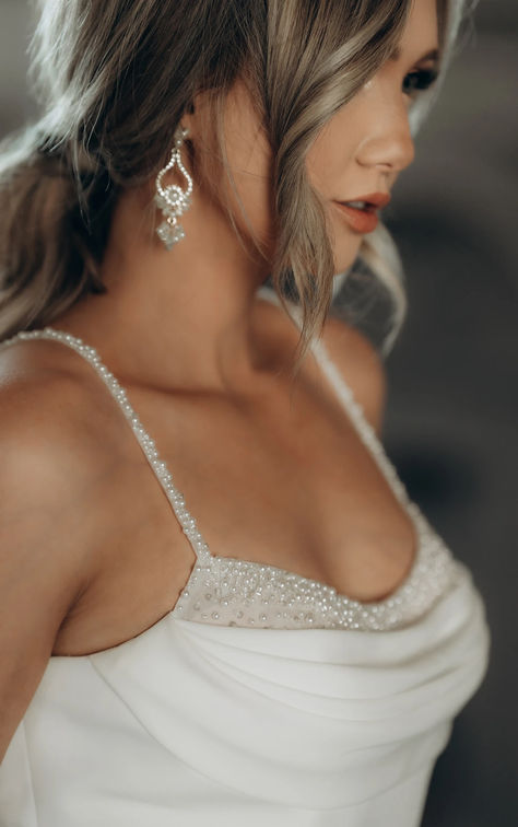 Chic Column Slip Wedding Dress with Low Back Detail Small Detail Wedding Dress, Pearl Wedding Dresses Beaded, Elegant Pearl Wedding Dress, Elegant Wedding Dress With Pearls, Column Dress Wedding, Pearl Strap Wedding Dress, Pearl Accent Wedding Dress, Wedding Dresses 2025 Bride, Wedding Dress With Pearl Details