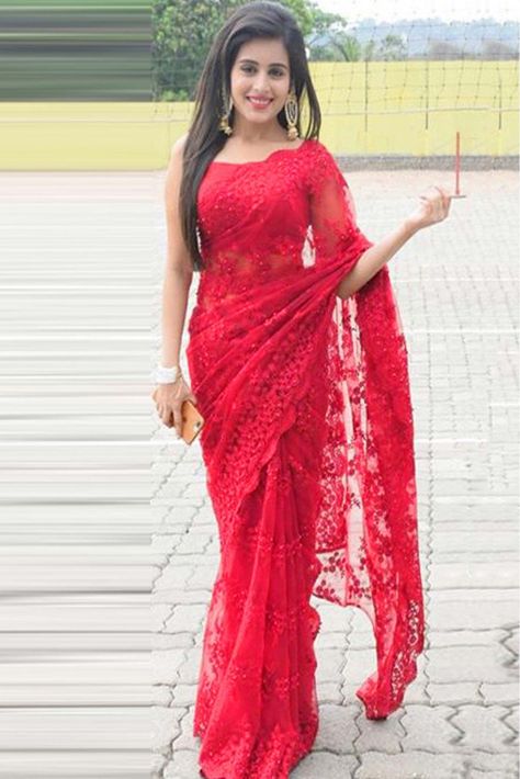 Red Net Saree, Net Designer Saree, Net Saree Designs, Net Saree Blouse Designs, Net Saree Blouse, Rhea Sharma, Red Sari, Sarees For Girls, Indian Sari Dress