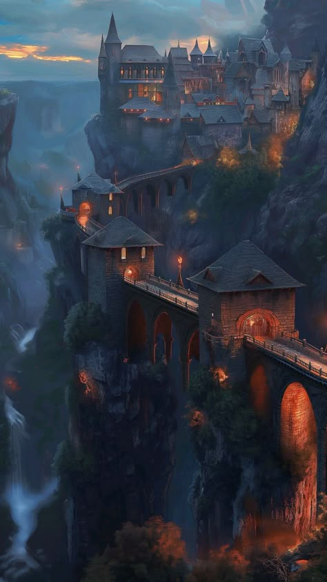 Medieval Town Art, Mountain Town Aesthetic, Mountain Castle, Medieval Cities, Fantasy Cities, Fantasy Settings, Fantasy Town, Bridge City, Mountain City