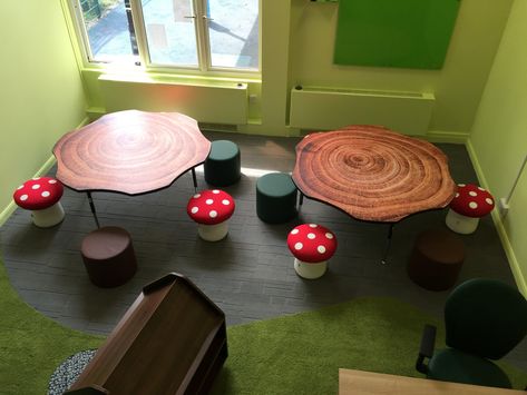 modern woodland themed primary school classroom with tree trunk tables and mushroom chairs Diy Mushroom Chair, Classroom Woodland Theme, Cottagecore Classroom Theme, Woodland Themed Room, Mushroom Classroom Decoration, Cottagecore Classroom Decor, Garden Theme Classroom Decorations, Mushroom Classroom Theme, Mushroom Themed Room