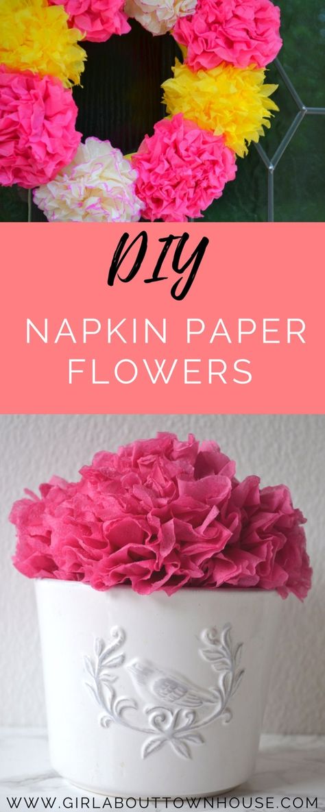 Flower making with napkins! Wreaths & garlands. - Girl about townhouse Making Napkins, Garlands Flower, Hanging Paper Flowers, Making Wreaths, Paper Flowers Diy Easy, Flower Backdrop Wedding, Make Paper Flowers, Easy Paper Flowers, Paper Flower Template