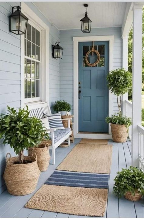 Front Porch Decor Blue Door, Beach House Entrance Front Porches, Charming Front Porch, Nantucket Front Porch, Shaded Front Porch Ideas, Front Porch Coastal, Lake House Front Porch, Nantucket Decorating, Coastal Front Porch Ideas