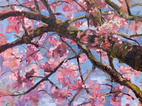 Flower Sky Painting, Spring Sky Painting, Cherry Blossom Tree Reference, Blossom Trees Painting, Sakura Landscape Painting, Tree With Flowers Painting, Opposites Painting, Paintings Cherry Blossoms, Tree Blossom Painting