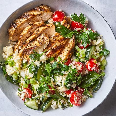 Spiced Grilled Chicken with Cauliflower "Rice" Tabbouleh Recipe | EatingWell Inflammatory Meals, Inflammation Diet Recipes, Mediterranean Diet Recipes Dinners, Inflammation Recipes, Anti Inflammation Recipes, Easy Mediterranean Diet, Inflammation Diet, Mediterranean Diet Meal Plan, Inflammatory Recipes