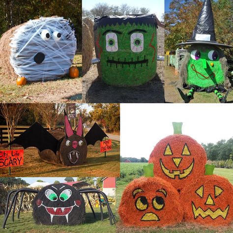 Halloween Hay Bale Ideas, Hay Bale Halloween, Hay Bale Pumpkin, Halloween Hay Bales, Halloween Hay Bale, Hay Bale Decorating Ideas, Decorated Hay Bales, Hay Bale Fall Decor, Hay Bale Fall