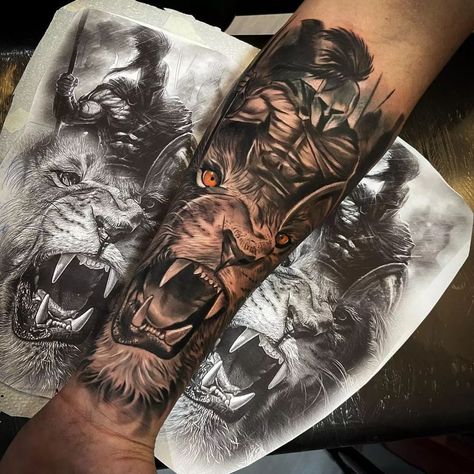 Lion Hand Tattoo, Lion Forearm Tattoos, Warrior Tattoo Sleeve, Roman Tattoo, Gladiator Tattoo, Outer Forearm Tattoo, Spartan Tattoo, Lion Tattoo Sleeves, Lion Tattoos