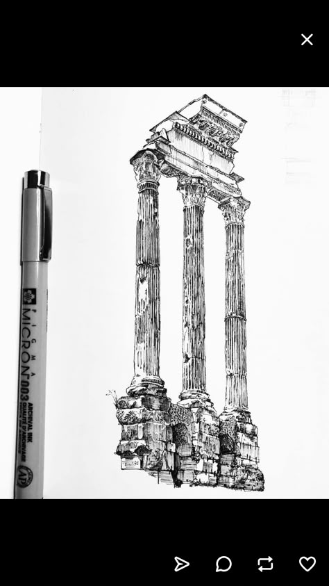 Roman Ruins Tattoo, Ancient Architecture Sketch, Greek Ruins Tattoo, Colosseum Drawing, Cross Hatching Art, Tattoo Prompts, Felix Tattoo, Site Sketch, Hatching Art