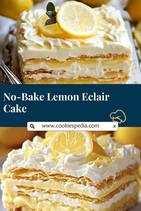 Looking for an easy, crowd-pleasing dessert? This No-Bake Lemon Eclair Cake layers graham crackers, creamy lemon pudding, and a smooth lemon frosting glaze for a refreshing treat! It’s simple to make and requires no oven—perfect for parties or a quick family dessert. Just chill, slice, and enjoy this bright, citrusy delight! Lemon Eclair, Pudding And Cool Whip, Lemon Delight, Refrigerated Desserts, Lemon Pudding Cake, Family Desserts, Eclair Cake, Homemade Pudding, Lemon Frosting