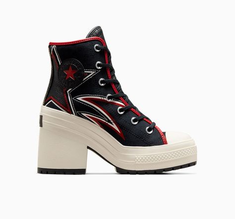 Unisex Converse Chuck 70 De Luxe Heel Racer Revival High Top Black Cherry Heels, Converse High Heels, Concert Shoes, Chuck 70 De Luxe Heel, Converse Heels, Cute Converse Shoes, Womens High Top Shoes, Cute Converse, Edgy Looks