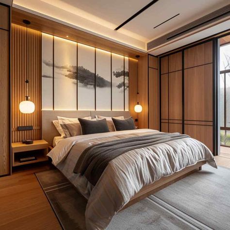 Asian Home Aesthetic, Japanese Bedroom Modern, Japandi Bedroom Interior Design, Minimalist Japanese Bedroom, Japanese Minimalist Home, Japan Bedroom, Modern Japanese Bedroom, Japanese Inspired Bedroom, Master Room Design