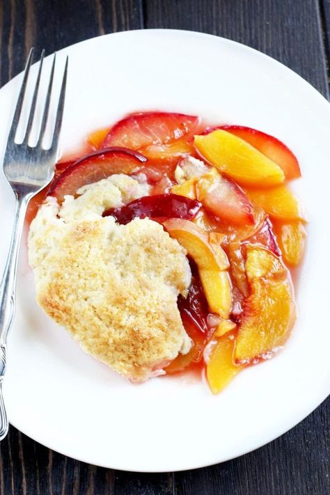 Peach Plum Recipes, Peach And Plum Cobbler, Nectarine Cobbler, Plum Cobbler, Plum Recipes, Cobbler Topping, Fruit Cobbler, Stone Fruits, Peach Recipe