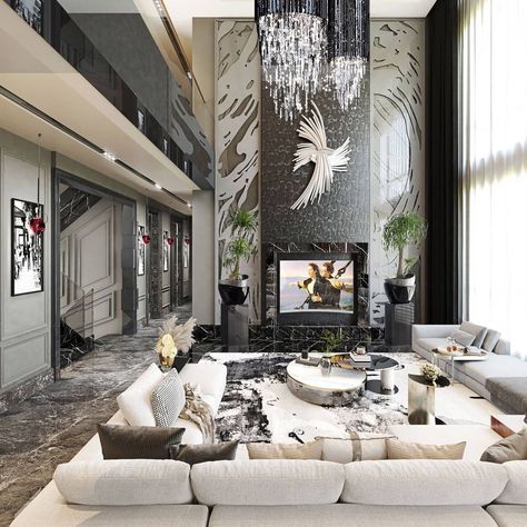 Luxury Patio Decor, Triple Height Wall Design, Grey Living Room Decor, Grey Living Room, Entrance Decoration, High Ceiling Living Room, Hello Future, Living Room Decor Gray, Mall Design