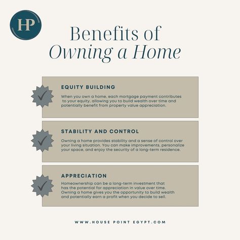 Benefits of Owning a Home: 01-Equity Building: When you own a home, each mortgage payment contributes to your equity, allowing you to build wealth over time and potentially benefit from property value appreciation. 02-Stability and Control: Owning a home provides stability and a sense of control over your living situation. You can make improvements, personalize your space, and enjoy the security of a long-term residence. 03-Appreciation: Homeownership can be a long-term investment that has t... Owning A Home, Build Wealth, Mortgage Payment, Wealth Building, Home Ownership, Investment, Sense, Benefits, Apartment