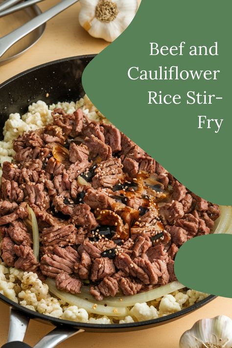 Beef and cauliflower rice stir-fry in a skillet with seasoning. Beef And Cauliflower Rice, Savory Beef Stew, Beef Cauliflower, Cauliflower Rice Stir Fry, Ground Beef Stir Fry, Cauliflower Stir Fry, Buffalo Chicken Lettuce Wraps, Almond Crusted Chicken, Keto Ground Beef