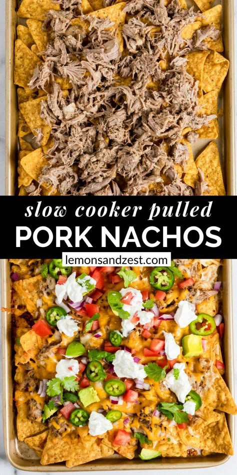 Pulled Pork For Nachos Crock Pot, Pulled Pork For Nachos, Crockpot Pulled Pork Nachos, Pulled Pork Nachos Recipe Slow Cooker, Shredded Pork Nachos, Pulled Pork Nacho Bar, Pork Nachos Pulled, Bbq Nachos Recipe Pulled Pork, Slow Cooker Nachos