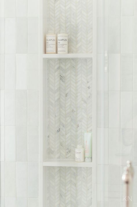 Shower Room Niche Ideas, Large Shower Niche With Shelves, Stacked Shower Niche Ideas, Long Vertical Shower Niche, Offset Shower Niche, Niche On Shower Head Wall, Honed Marble Shower Tile, Shower Niche Large Tile, Tall Shower Niche With Shelves