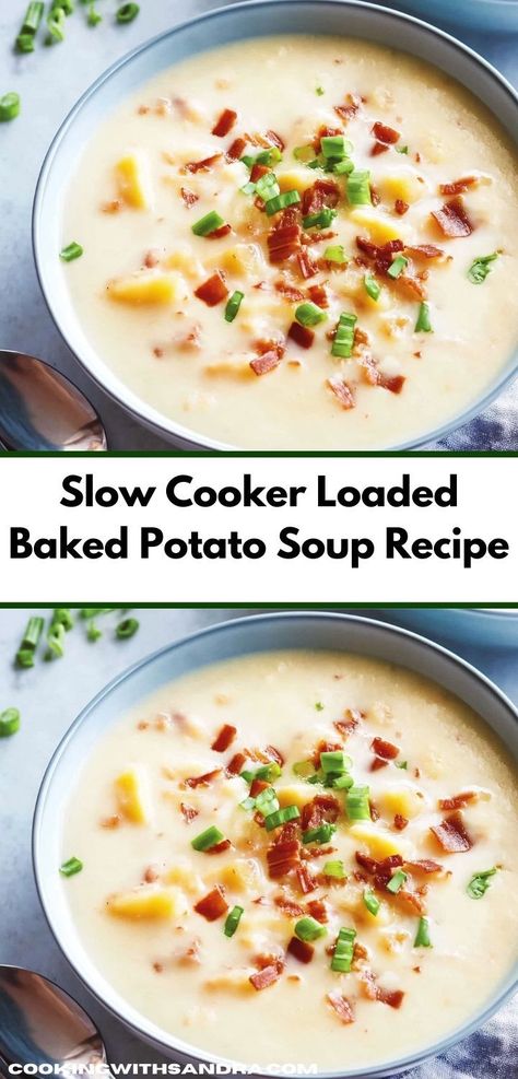 Searching for a quick weeknight dinner? This Slow Cooker Loaded Baked Potato Soup Recipe offers deliciousness with minimal effort. It’s a satisfying choice for busy families, ensuring everyone enjoys a hearty bowl together. Loaded Baked Potato Crock Pot, Crockpot Loaded Baked Potato Soup Recipes, Baked Potato Crock Pot Soup, Loaded Potato Soup Crockpot Easy, Slow Cooker Loaded Potato Soup, Slow Cooker Potatoes Soup, Creamy Crockpot Soup Recipes, Crockpot Soup Potato, Slow Cooker Loaded Baked Potato Soup