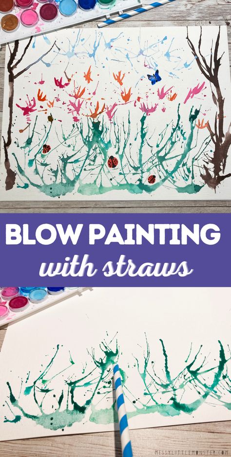 Blow Painting with Straws Straw Blow Paint Art, Blow Painting With Straws Ideas, Straw Blow Painting, Straw Painting Ideas, Paint Blowing With A Straw, Blow Art Painting, Straw Painting For Kids, Flower Painting For Kids, Blow Painting With Straws