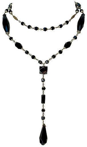 Black Rosary-Style Necklace - C. 1920 - Marteau Jewelry Vintage Jewelry 1920, Rosary Style Necklace, Fork Bracelet, Enchanted Jewelry, Popular Jewelry, Victorian Jewelry, Multi Strand Necklace, Pressed Glass, Gift Accessories