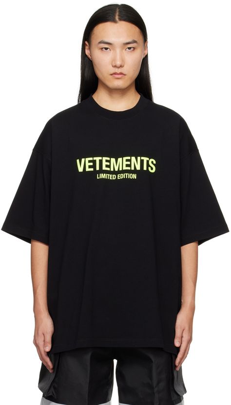 Find Vetements Black 'limited Edition' T-shirt on Editorialist. Cotton jersey T-shirt. · Rib knit crewneck · Logo and text printed at front · Dropped shoulders · Logo embroidered at back collar Supplier color: Black/Yellow Mo Logo, God Clothing, Clothing Brands, Knit Crewneck, White Hoodie, Jersey T Shirt, Logo Embroidered, Black N Yellow, Limited Editions