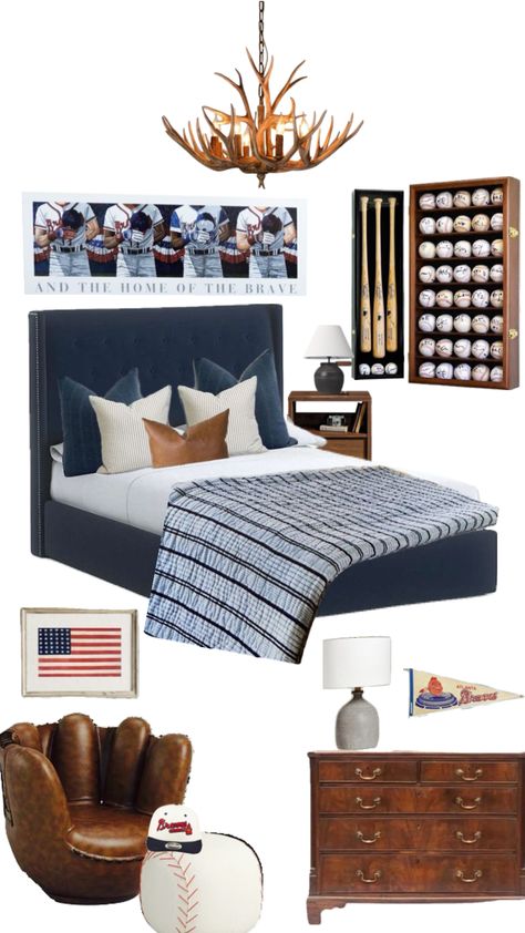 Baseball inspired room #braves #boysroom #baseball Boys Vintage Baseball Bedroom, Modern Baseball Room, Baseball Boys Room, Kids Baseball Room, Vintage Baseball Room, Baseball Bed, Baseball Theme Room, Baseball Bedroom, Astros Baseball