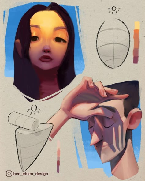 Sun Light Reference, Sun Light Illustration, Light Drawing Reference, Lighting Drawing Reference, Stylised Face, Digital Art Lighting, Ben Eblen, Light Theory, Face Shading