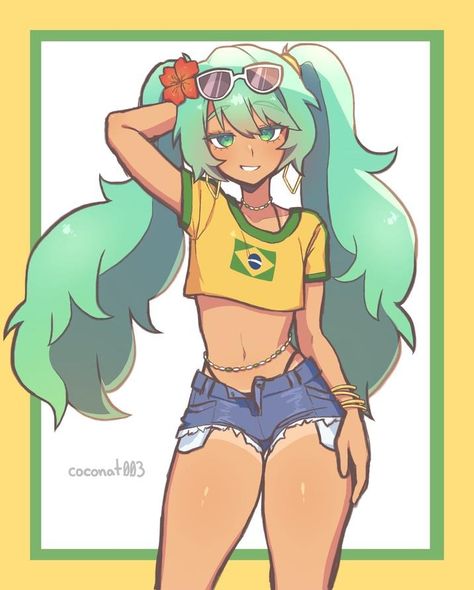 Brazilian Miku by @coconat003 | Brazilian Miku | Know Your Meme Brazilian Twist, Spiderman Art Sketch, Drawing Reference Poses, الرسومات اللطيفة, Hatsune Miku, Character Drawing, Cute Anime Character, Anime Character Design, Drawing Reference