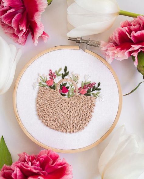 Aly Ploof on Instagram: "Good morning friends, sharing this cute little flower basket pattern today because I saw a lady carrying a basket like this at the market last weekend and it reminded me how sweet and fun this pattern is 🌺 Plus it’s kinda appropriate for Valentine’s Day coming up if you wanted to stitch your loved one a basket of permanent flowers 💕 You can find my “Basket of Blossoms” pattern in my shop now 🤍" Flower Basket Embroidery, Basket Embroidery, Basket Pattern, Nursery Room Inspiration, Simple Embroidery, Morning Friends, Hand Embroidery Art, Good Morning Friends, Embroidery Ideas