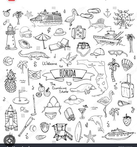 Florida Doodles, Florida Outline, Cartoon Elements, Florida Tattoos, Stuart Florida, Drawing Things, State Outline, State Of Florida, Bullet Journal Doodles