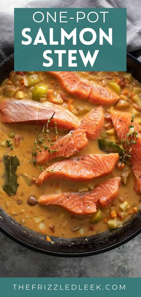 This one-pot salmon stew recipe is such a fun way to cook salmon! Root vegetables, tomatoes, and coconut milk come together to make a mouthwatering broth for the salmon to swim in. This recipe is so healthy, delicious, and easy to make. Since this recipe is made in one-pan clean up is a breeze. Salmon Stew Recipe, Salmon Soup, Cook Salmon, Easy Whole 30 Recipes, Seafood Recipes Healthy, Healthiest Seafood, Creamy Tomato Sauce, Whole30 Recipes, Savory Soups